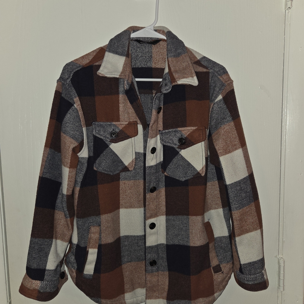 Plaid Button Down Shirt - Brown, Black, White